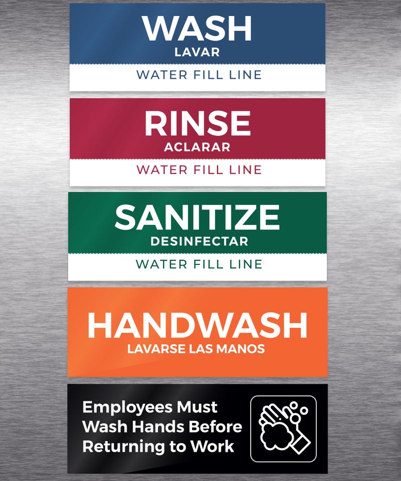 Pixelverse Design 5 Pack Wash Rinse Sanitize Sink Labels, Waterproof Sticker Signs, 3 Compartment Sink Labels - Restaurant Supplies, Food Truck Supplies, Dishwashing Sign Wash Station - Image 2